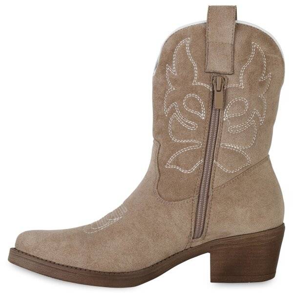Stiefelparadies Damen Cowboy Boots in Khaki Velours