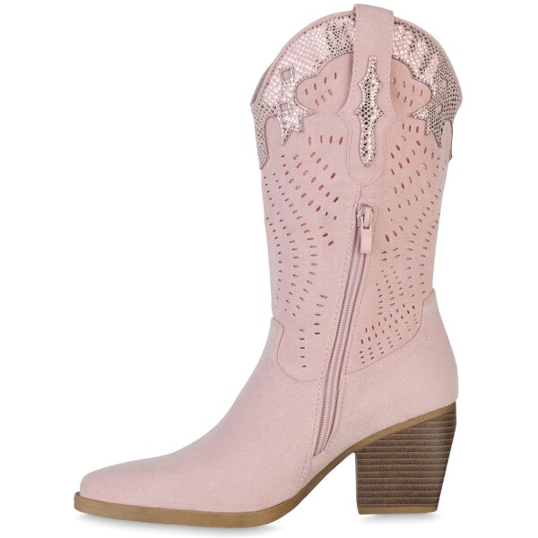 Stiefelparadies Damen Cowboy Boots in Rosa Velours Snake