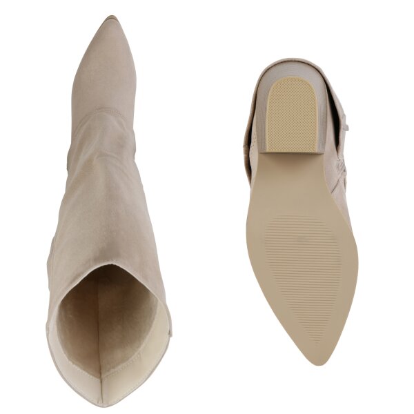 Stiefelparadies Damen Cowboystiefel In Beige Velours