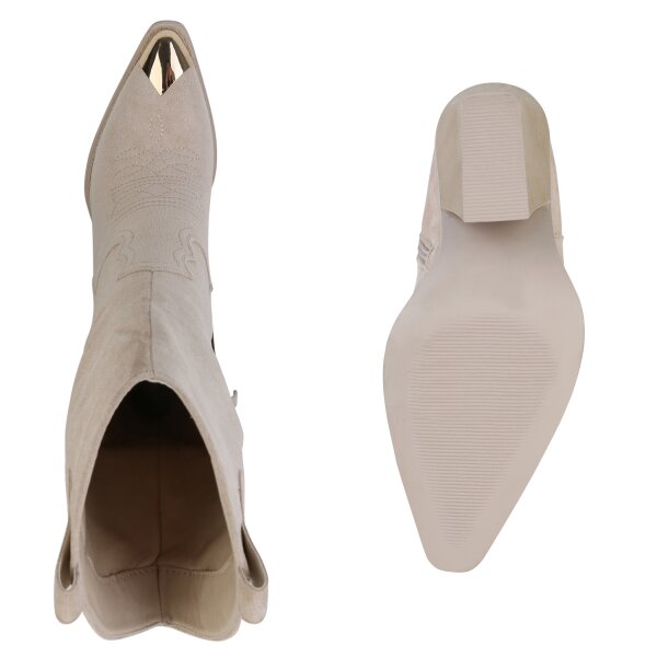 Stiefelparadies Damen Cowboystiefel In Beige Velours