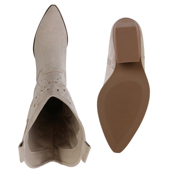 Stiefelparadies Damen Cowboystiefel In Beige Velours