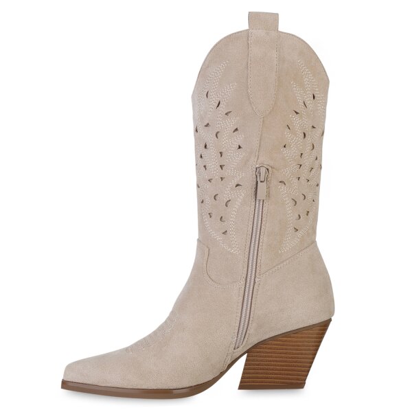 Stiefelparadies Damen Cowboystiefel in Beige Velours