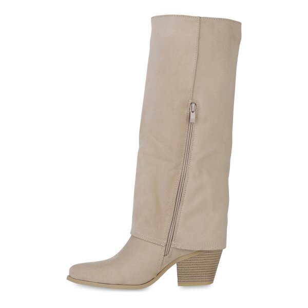 Stiefelparadies Damen Cowboystiefel in Beige Velours