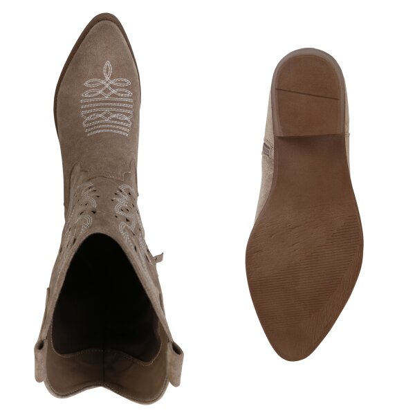Stiefelparadies Damen Cowboystiefel In Khaki Velours