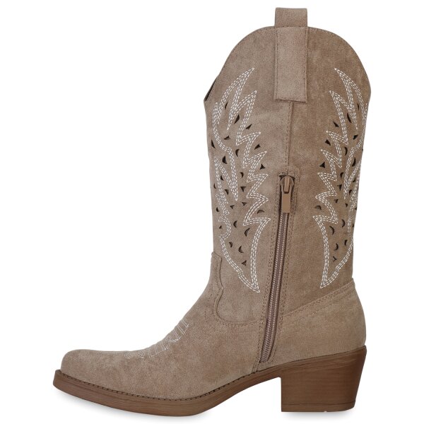 Stiefelparadies Damen Cowboystiefel in Khaki Velours