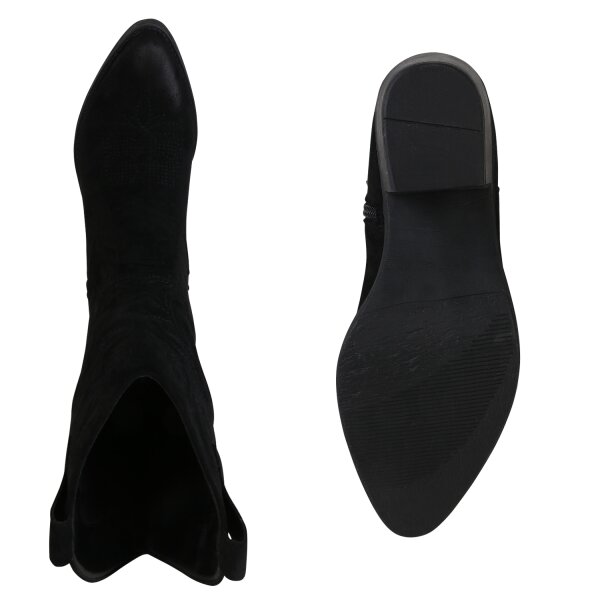 Stiefelparadies Damen Cowboystiefel In Schwarz Velours