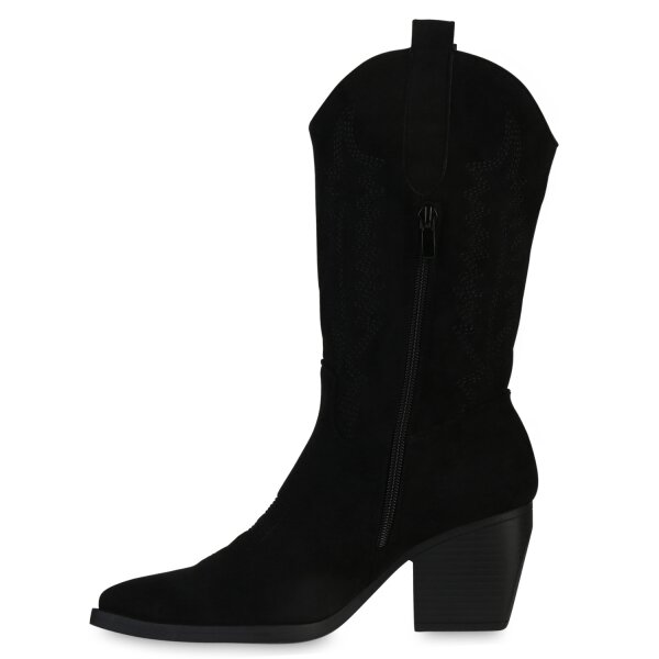 Stiefelparadies Damen Cowboystiefel in Schwarz Velours