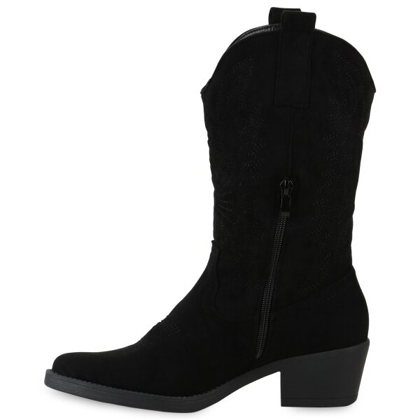 Stiefelparadies Damen Cowboystiefel in Schwarz Velours