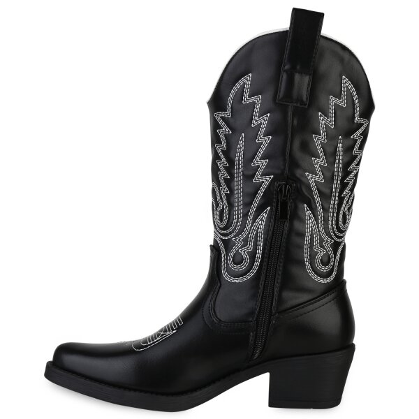Stiefelparadies Damen Cowboystiefel in Schwarz Weiss