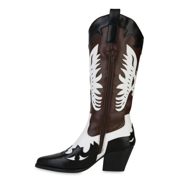 Stiefelparadies Damen Cowboystiefel in Schwarz Weiss