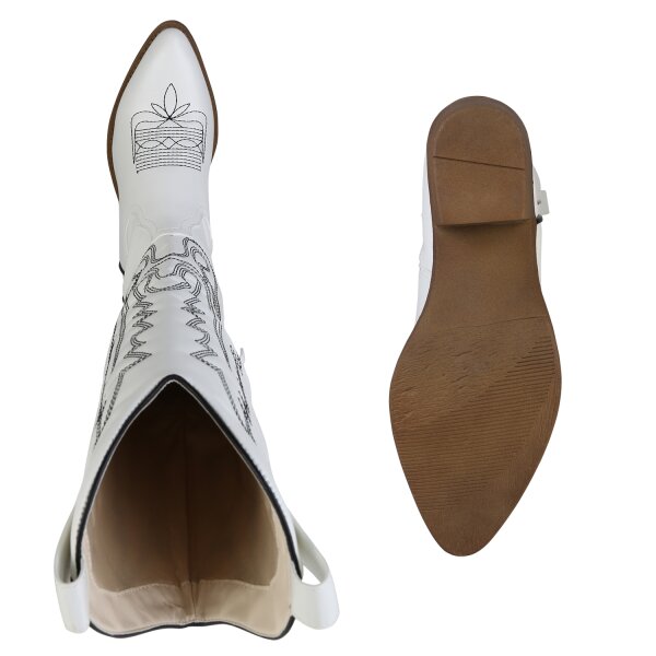 Stiefelparadies Damen Cowboystiefel In Weiss Schwarz Zebra