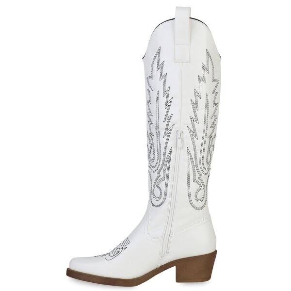 Stiefelparadies Damen Cowboystiefel in Weiss Schwarz Zebra