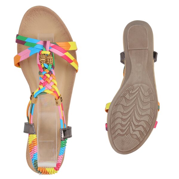 Stiefelparadies Damen Keilsandaletten In Rosa Blau Gelb Muster