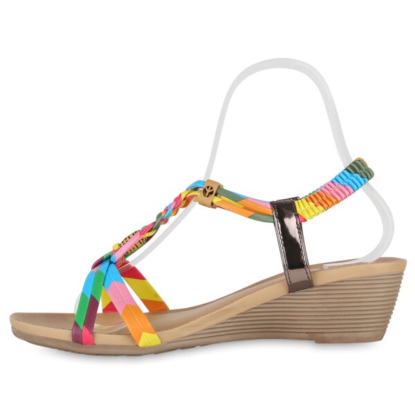 Stiefelparadies Damen Keilsandaletten in Rosa Blau Gelb Muster