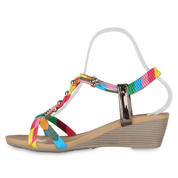 Stiefelparadies Damen Keilsandaletten in Rosa Blau Metallic