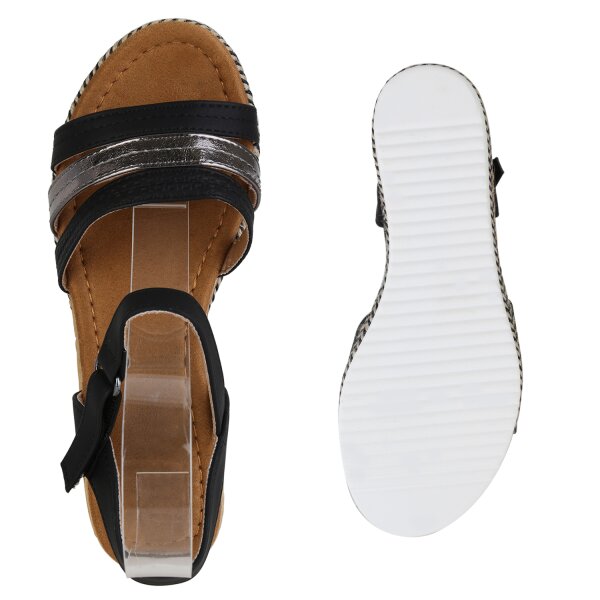 Stiefelparadies Damen Keilsandaletten In Schwarz Grau Metallic