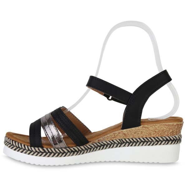 Stiefelparadies Damen Keilsandaletten in Schwarz Grau Metallic