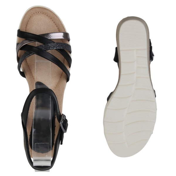 Stiefelparadies Damen Keilsandaletten In Schwarz Silber Metallic