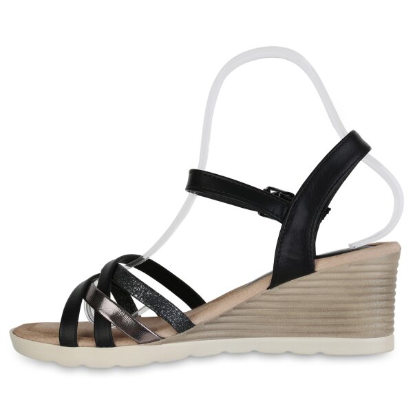 Stiefelparadies Damen Keilsandaletten in Schwarz Silber Metallic