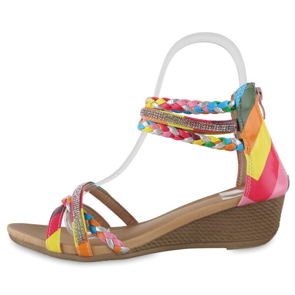 Stiefelparadies Damen Keilsandaletten in Schwarz Silber