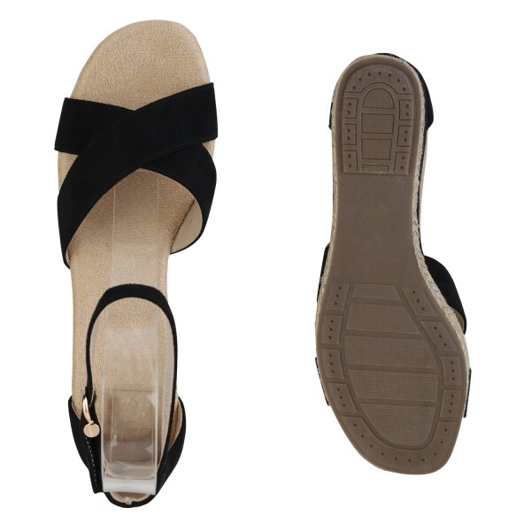 Stiefelparadies Damen Keilsandaletten In Schwarz Velours