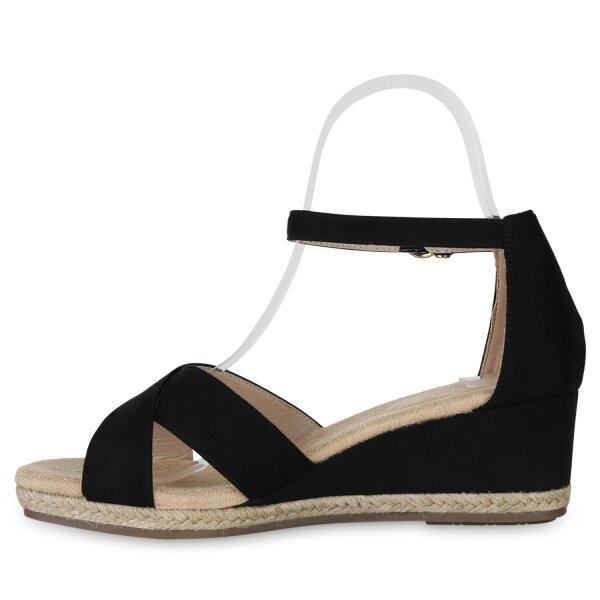 Stiefelparadies Damen Keilsandaletten in Schwarz Velours