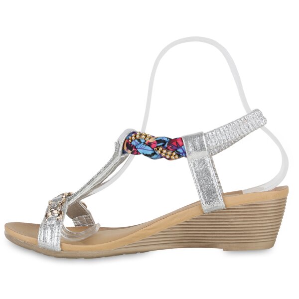 Stiefelparadies Damen Keilsandaletten in Silber Muster