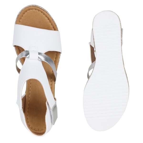 Stiefelparadies Damen Keilsandaletten In Weiss Silber Metallic