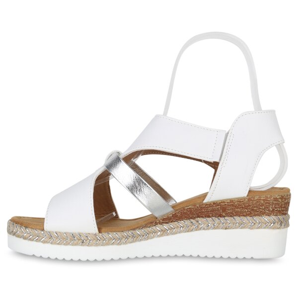 Stiefelparadies Damen Keilsandaletten in Weiss Silber Metallic