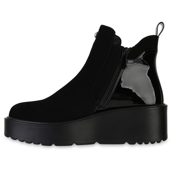 Stiefelparadies Damen Keilstiefeletten in Schwarz Lack