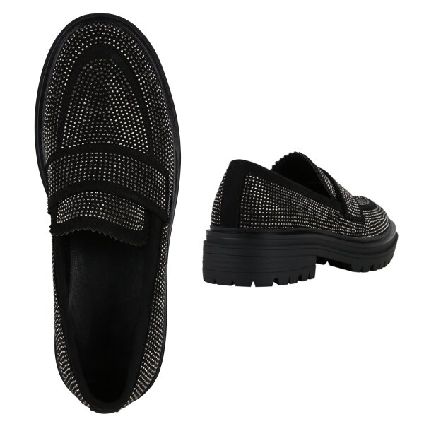 Stiefelparadies Damen Klassische Slippers In Schwarz Velours