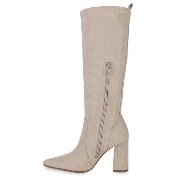 Stiefelparadies Damen Klassische Stiefel in Beige Velours
