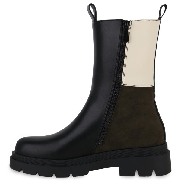 Stiefelparadies Damen Klassische Stiefel in Schwarz Beige Olivgrün