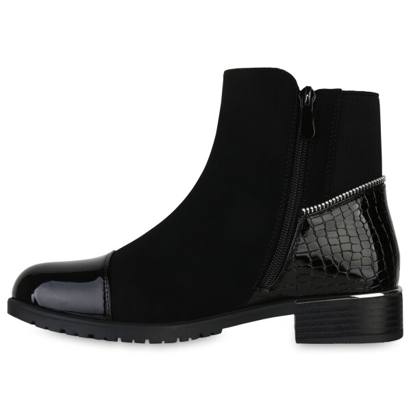 Stiefelparadies Damen Klassische Stiefeletten in Schwarz Kroko Lack