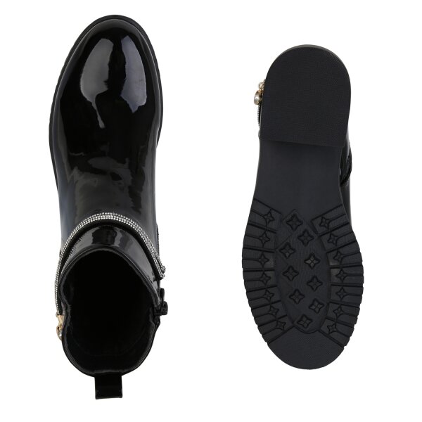 Stiefelparadies Damen Klassische Stiefeletten In Schwarz PU Lack