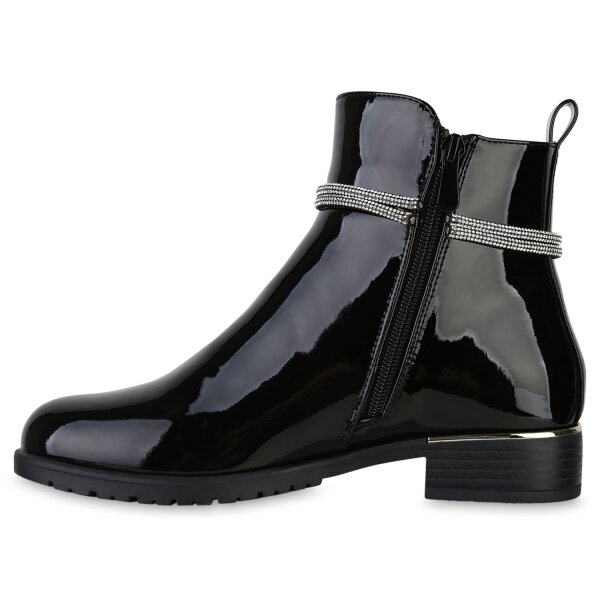 Stiefelparadies Damen Klassische Stiefeletten in Schwarz PU Lack