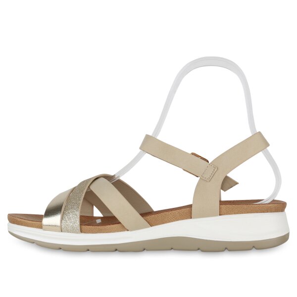 Stiefelparadies Damen Komfort Sandalen in Beige Metallic