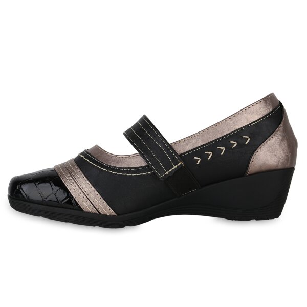 Stiefelparadies Damen Mary Janes in Schwarz Grau Lack Metallic