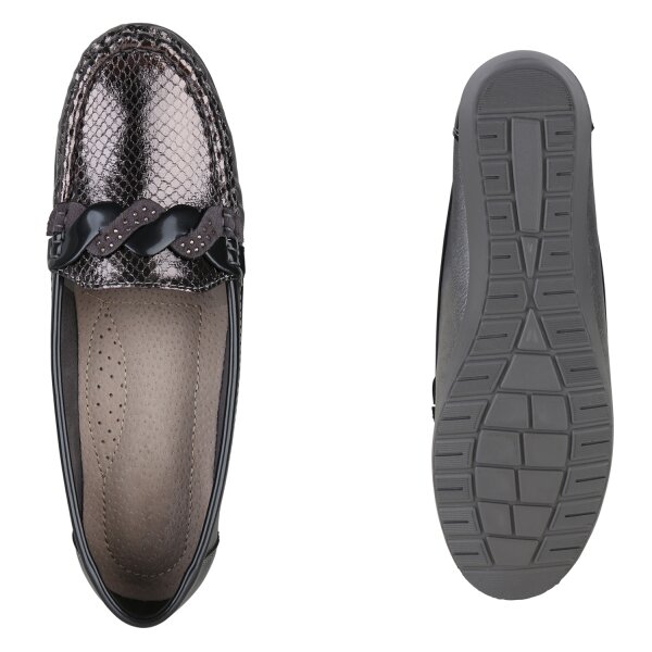 Stiefelparadies Damen Mokassins In Grau Silber Lack