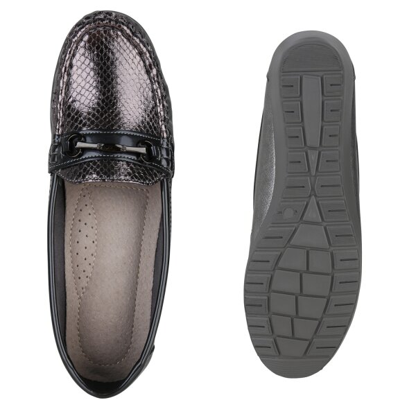 Stiefelparadies Damen Mokassins In Grau Silber Lack