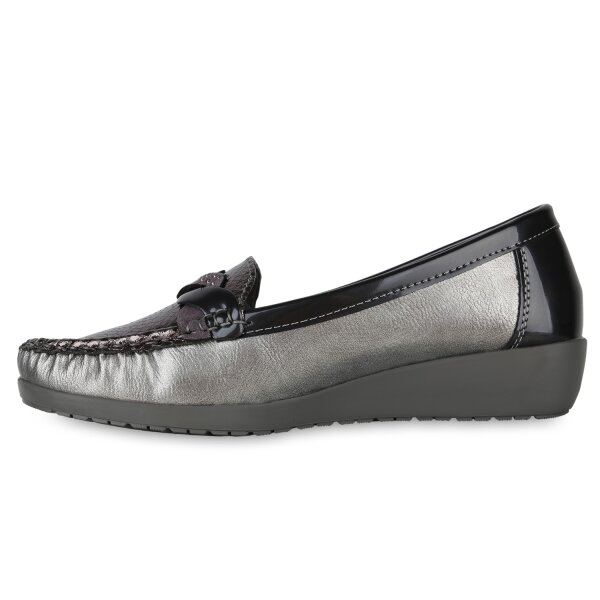 Stiefelparadies Damen Mokassins in Grau Silber Lack