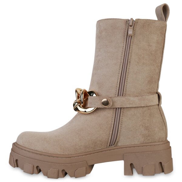 Stiefelparadies Damen Plateau Boots in Khaki Velours