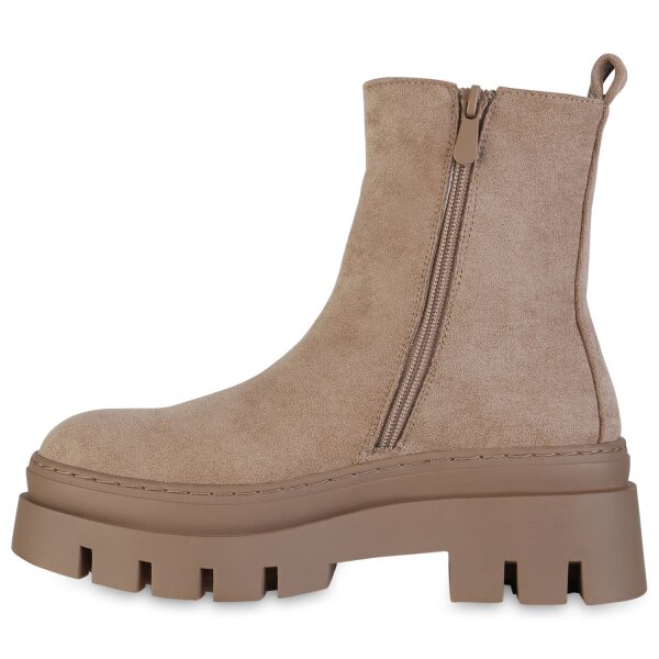 Stiefelparadies Damen Plateau Boots in Khaki Velours
