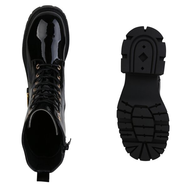 Stiefelparadies Damen Plateau Boots In Schwarz Lack