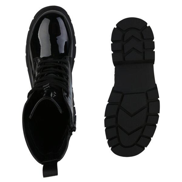 Stiefelparadies Damen Plateau Boots In Schwarz Lack