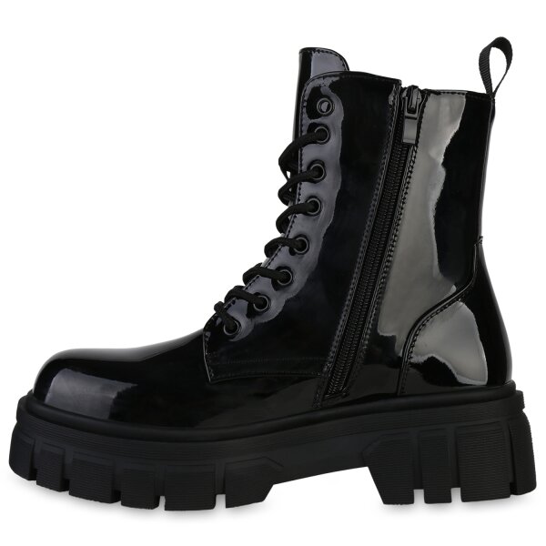 Stiefelparadies Damen Plateau Boots in Schwarz Lack