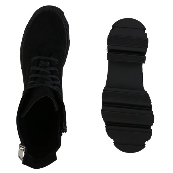 Stiefelparadies Damen Plateau Boots In Schwarz Velours