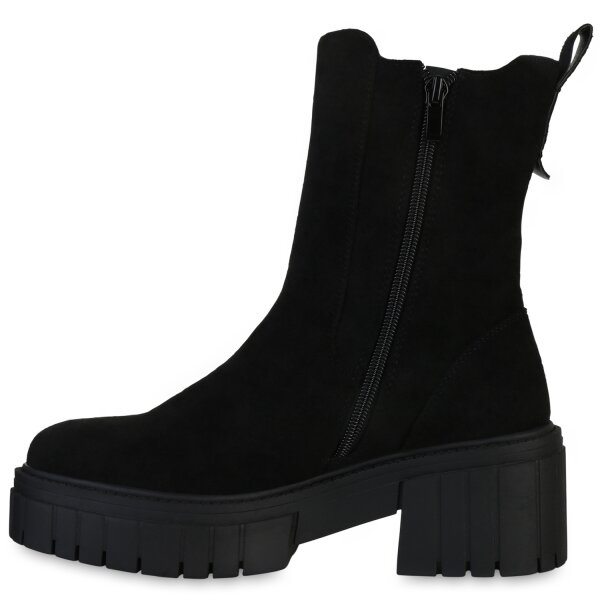 Stiefelparadies Damen Plateau Boots in Schwarz Velours