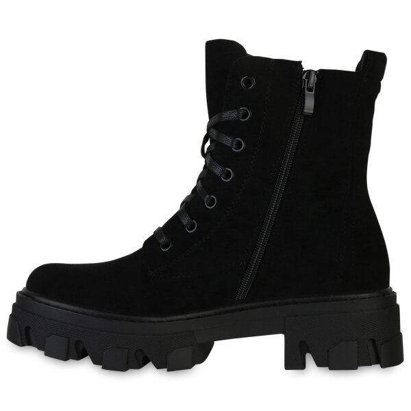 Stiefelparadies Damen Plateau Boots in Schwarz Velours