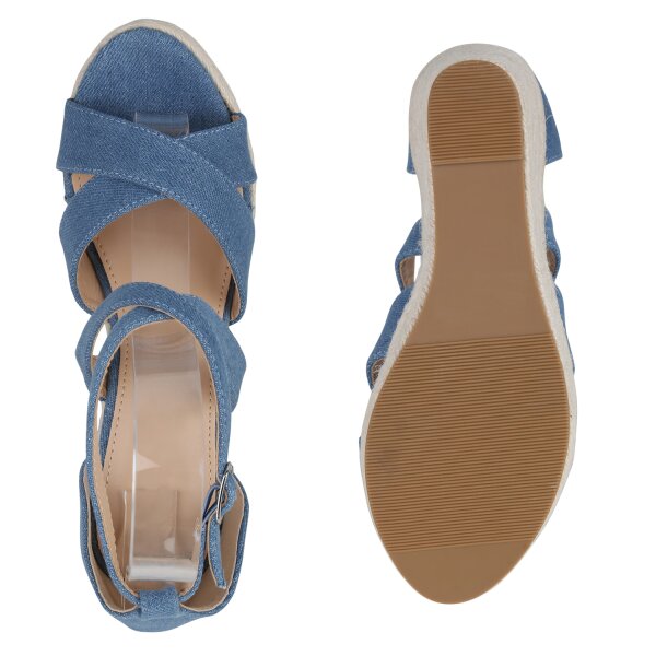 Stiefelparadies Damen Plateau Sandaletten In Blau Denim